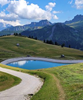 Sentiero sterrato che serpeggia verso un lago alpino blu, circondato da verdi pascoli e imponenti Dolomiti sotto un cielo azzurro.