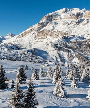 Panoramica invernale delle Dolomiti ad Arabba, con piste da sci innevate, abeti e le imponenti vette.