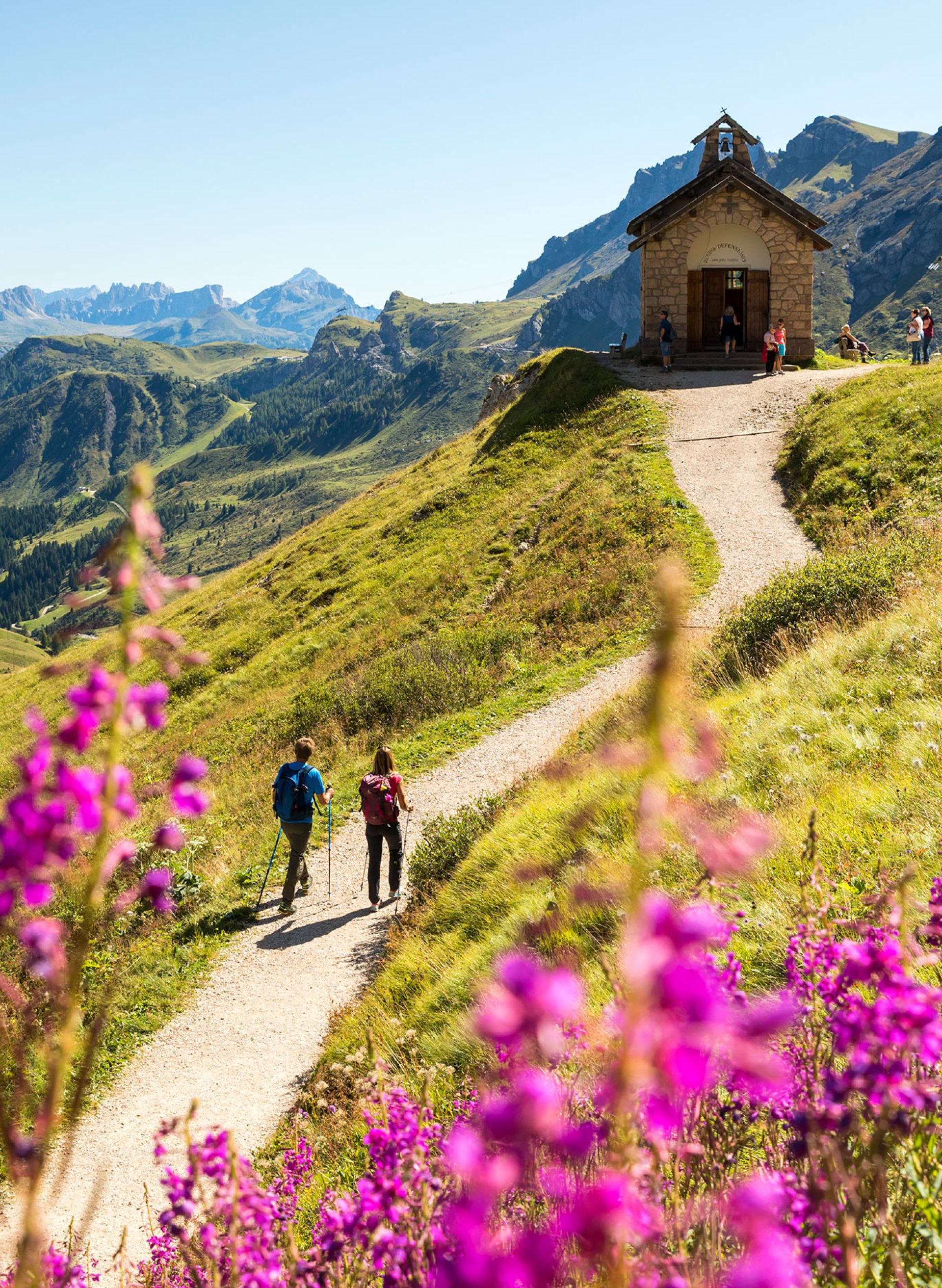 Due escursionisti con bastoncini da trekking su un sentiero di montagna fiorito, con una chiesetta e le Dolomiti sullo sfondo.